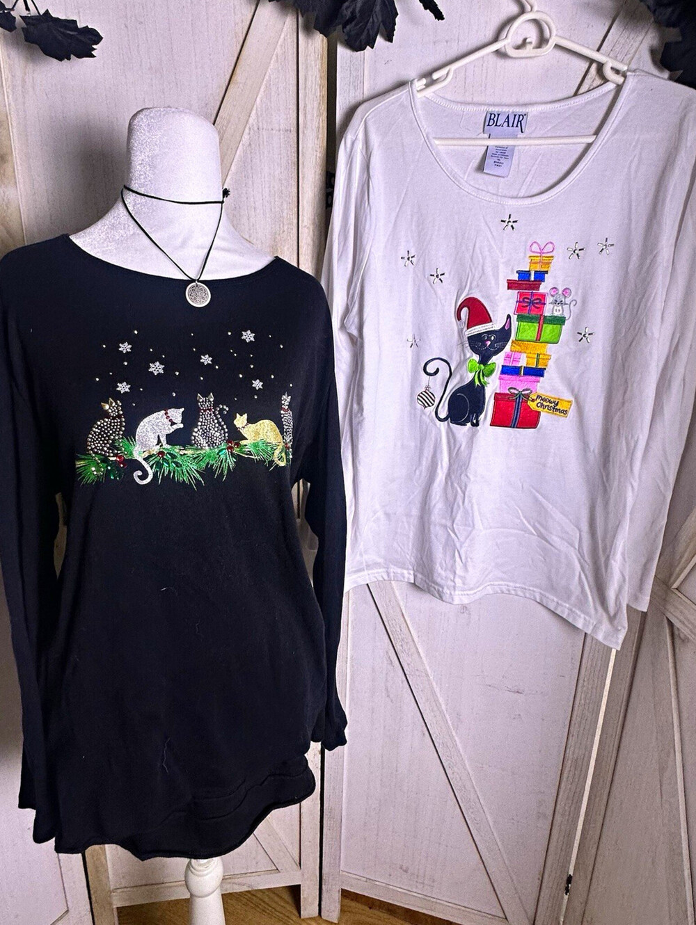 y2k Christmas kitty cat long sleeve shirts embroidered and bedazzled holiday XL